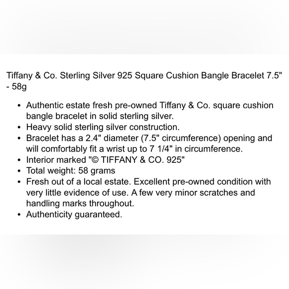 Tiffany & Co. 925 Polished Silver Square Cushion Bangle Bracelet 7.5” - Picture 5 of 5